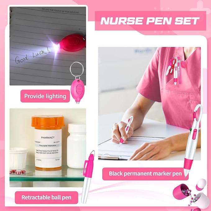 6 Pcs Nurse Pen Set Include Permanent Marker Pen Retractable Ballpoint Pen Keychain Clip Foldable Scissors Lights LED Flashlight Keychain for Nurse Accessories(Pink)