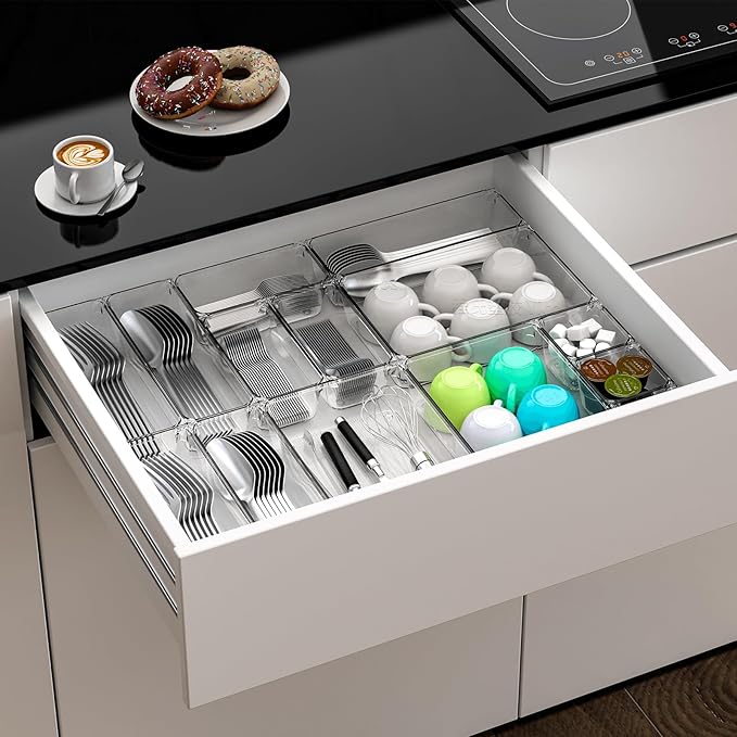 7 Pack Clear Plastic Drawer Organizer Set,4 Sizes Bathroom Drawer Organizers and Storage Bins,Vanity Drawer Organizer for Makeup, Cosmetics, Jewelry, Utensils, Gadgets,Office In Drawer Organizer Trays