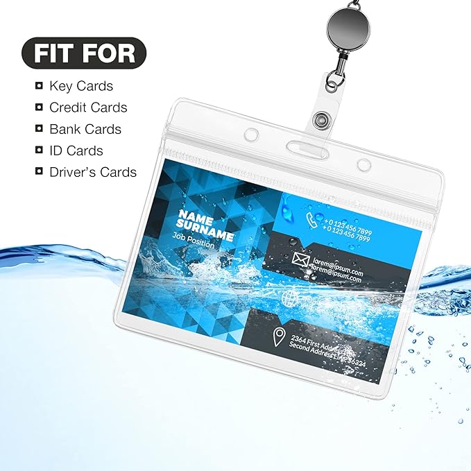 Outus 2 Pieces Badge Lanyard with ID Holders Stainless Steel Badge Holders Necklace Retractable Reel Clip Chain Water Resistant Name(Black, Gray)