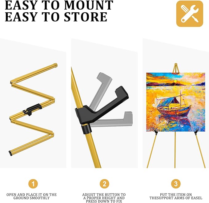 Display Artist Easel Stand - 63" Instant Tripod Collapsible Portable Floor Easel - Easy Folding Adjustable Art Poster Metal Stand for Display Show, Wedding, Painting - Gold