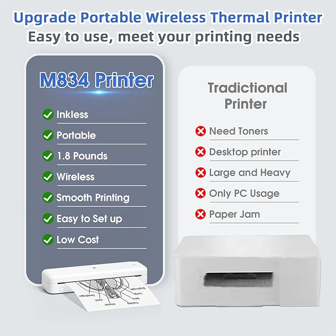 Phomemo M834 Ultra Portable Printer,(Upgraded) Wireless Bluetooth Thermal Printer 8.5" x 11"&A4, Compatible with iOS, Android & PC, Inkless Printer for Travel, Office, School,Home