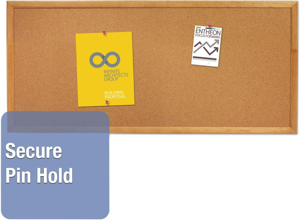 Quartet Cork Board, Bulletin Board, 3' x 1' Corkboard, Oak Finish Frame (300)