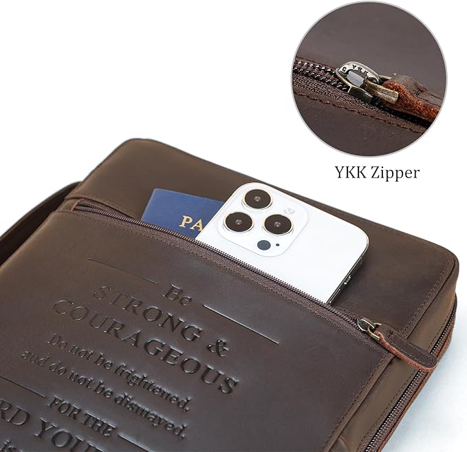 Polare Full Grain Leather Bible Cover Church Bag Bible Protective Book Holder Carrying Case Folder Organizer Portfolio with YKK Zippers, Dark Brown(Strong & Courageous)