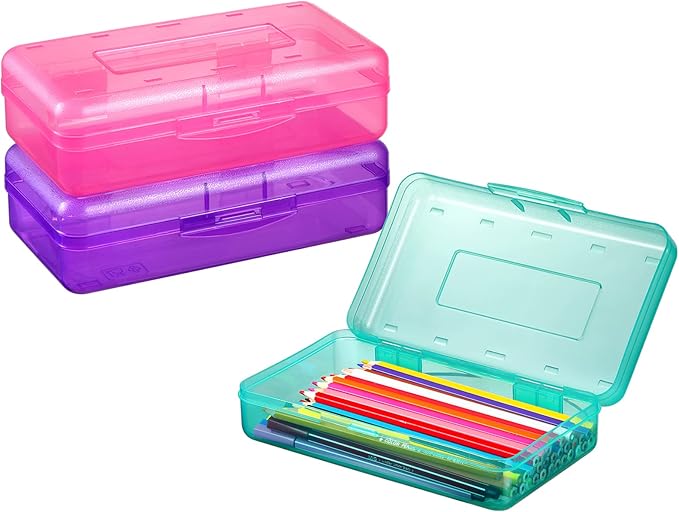 Sooez 3 Pack Pencil Case, Large Pencil Box Case, Clear Crayon Marker Box Bulk, Hard Plastic School Supplies with Snap-tight Lid, Stackable Storage Container Art Craft Organizer for Bead Pens