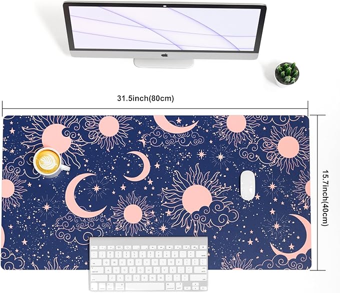 Colorful Star Starry Sky Large Desk Pad, Celestial Moon and Sun Extended Gaming Mouse Pad Non-Slip Desk Mat, Leather Blue Keyboard Mat for Desktop Gaming Accessories 31.5"x15.7"