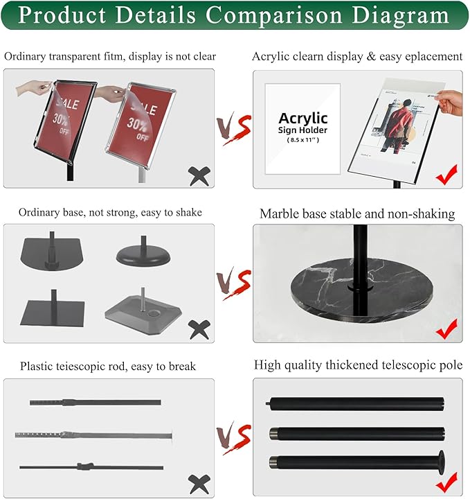 Adjustable Sign Holder 8.5 x 11, Floor Standing Sign Holder with Heavy Duty Marble Pedestal, Both Vertical & Horizontal View Sign Displayed Poster Stand for Store Business Show, 2 PACK（Round）