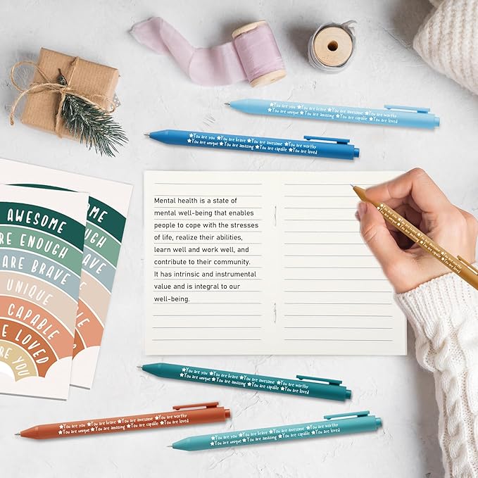 Janlaugh 100 Pcs Positive Affirmations Reminder Notepad Motivational Pen Positive Psychology Pocket Notebooks with Colored Ballpoint for Volunteer Week Mental Health Therapy Teacher Student Classroom