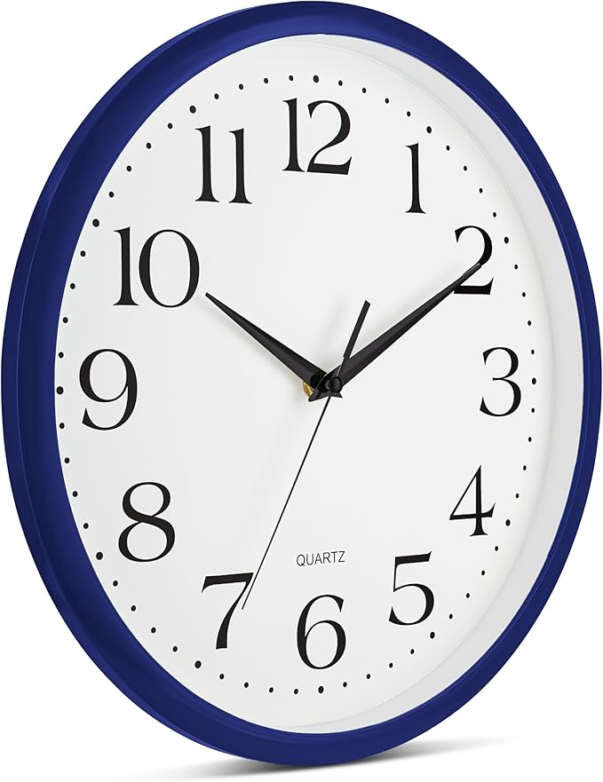 Bernhard Products Navy Wall Clock Silent Non Ticking - 12 Inch Quality Quartz Battery Operated Round Easy to Read Home/Kitchen/Office/Classroom/School Clock
