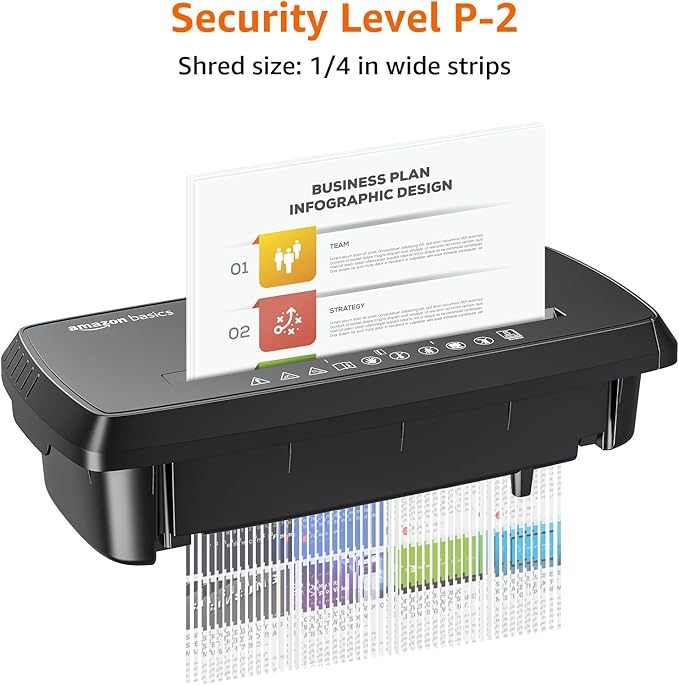 Amazon Basics 8-Sheet Strip Cut Paper, CD, and Credit Card Shredder, Compact, No Basket, Portable with Extendable Arm, Black