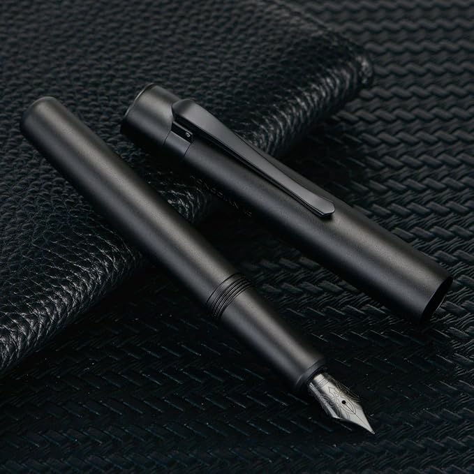 Hongdian M2 Black Forest Mini Fountain Pen, Medium Soft Nib & Sleek Shape Aluminium Short Pocket Travel Pen (Matte Black)