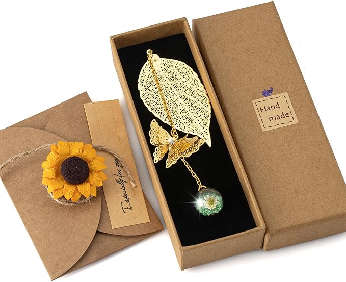 Golden Leaf Metal 3D Bookmark with Bonus Handmade Greeting Card, Butterfly & Sunflower Craft Gift Card Envelope, Gift for Book Lovers, Family, Friends, Teacher & Kids Chongzhen