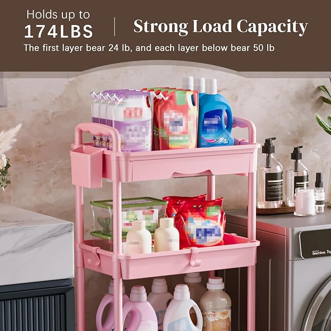 4 Tier Rolling Utility Cart with Drawer, Utility Storage Organizer with Plastic Shelf & Lockable Wheels Multifunctional Storage Cart for Kitchen, Bathroom, Office, Living Room, Pink