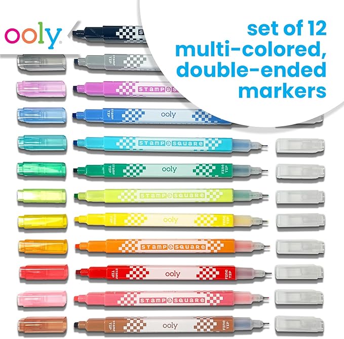 Ooly 12 Double-Sided Square Stamping Markers with a Square Stamp and 0.8mm Fine Point Tip on Each Side, Easter Activities for Kids, Ideal for Pixel Art, List Making and More