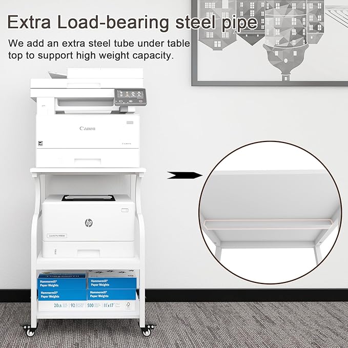Natwind Large Printer Stand,24''x20''x29''Printer Table with Adjustable Storage Shelf,3 Tier Rolling Printer Cart with Wheels,Home Office Multifunctional Shelves for Heat Press,3D Printer (White)