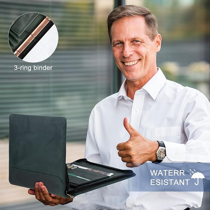 AZXCG Padfolio for Men, Leather Document Organizer with 3 Ring Binders, Legal Pad Resume Holder, Work Binder Folder, Zip Binders 3 Ring, Green, Gift for Men/Son