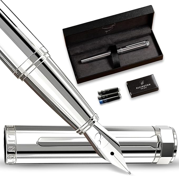 Luxury Fountain Pen Set- Fountain Pens for Writing - Smooth Medium Nib - Includes Refillable Ink Converter, 3 Ink Cartridges [Black & Blue], Gift Box - Elegant Calligraphy