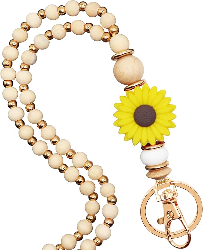 Wooden Teacher Lanyards for Id Badge Cute Flower Wood and Gold Beaded Lanyards for Women for Nurse Badge
