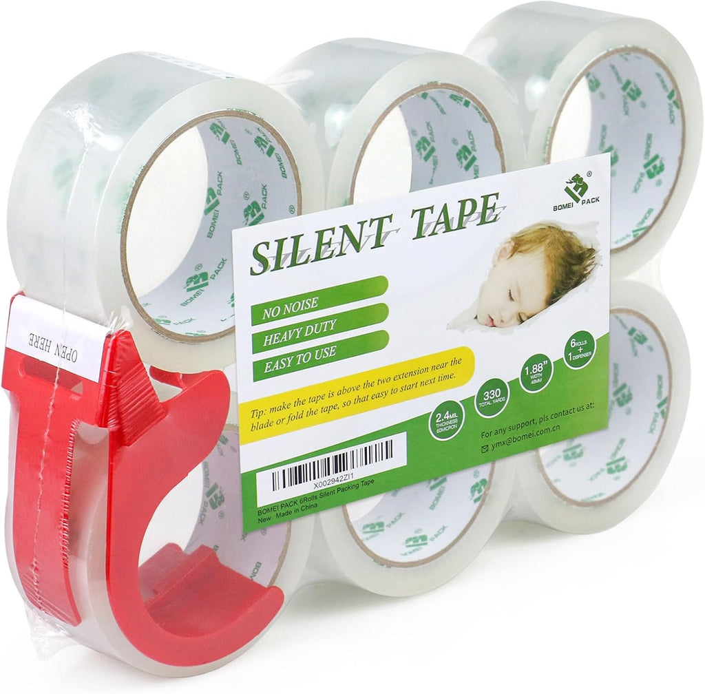 BOMEI PACK No Noise Quiet Clear Packing Tape, Heavy Duty Packaging Tape, Refill Rolls for Sealing Packing and Shipping, 2.4Mil 1.88Inch 55Yards 6rolls, with Free Dispenser