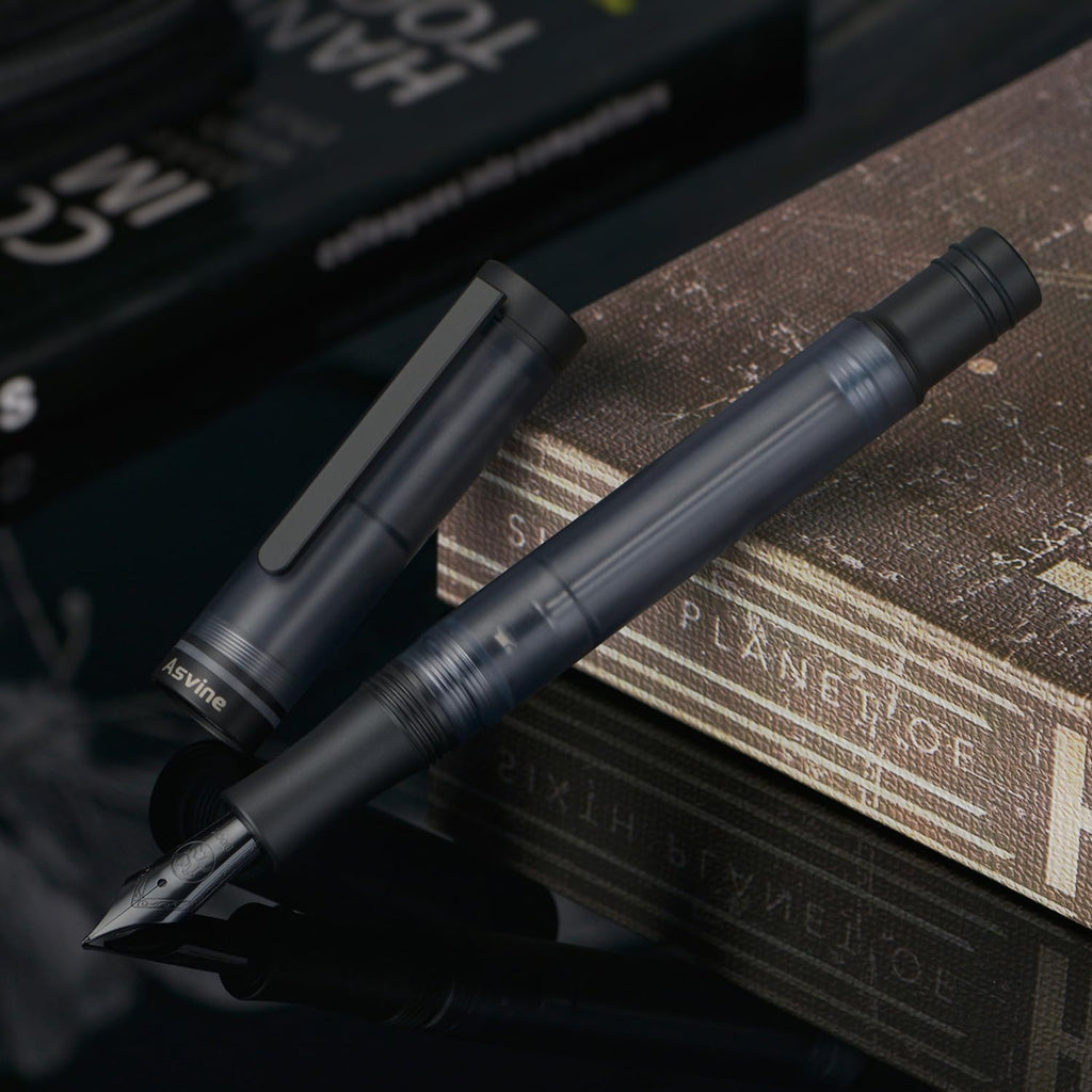Asvine V200 Titanium Fountain Pen Vacuum Filling, Matte Black Bock Fine Nib Transparent Acrylic Smooth Writing Pen Case Set