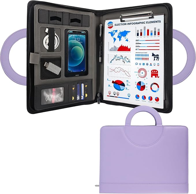 GraduatePro Portfolio Binder Leather Zippered Padfolio Folder Business Case Organizer Bag for Pad Notebook Resume for Women Graduation Gift, Purple