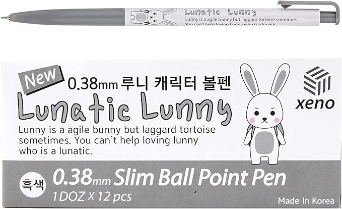 ZEESOON Xeno Lunatic Lunny 0.38mm Slim Ball Point Pen Dozen Box 12 Pcs, Made in Korea (Black 12pcs)