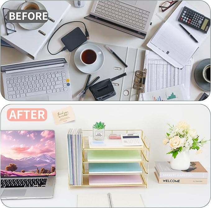 OPNCIE Desk Organizers and Accessories, 4 Tier Paper Letter Tray File Organizer, Office Organization Storage Desk Accessories Workspace Desktop Organizer for Classroom Office Supplies Decor, Gold