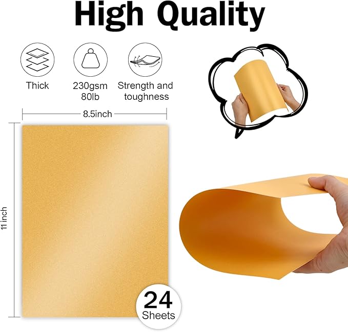 24 Sheets Gold Shimmer Cardstock 8.5 x 11 Metallic Paper, Goefun 80lb Card Stock Pearlescent Paper for Invitations, Birthday, Anniversaries, Card Making