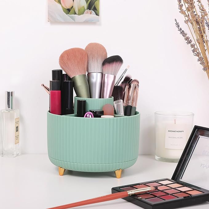 SKYDUE 360 Degree Rotating Desk Organizer, Dual-Purpose Pencil Pen Holder for Desktop, Rotating Desk Pen Organizer with 5 Slots, Pencil Cup for School, Home, Office Supplies (Bean Green)