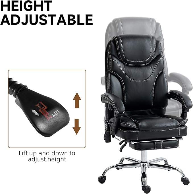 Vinsetto PU Leather Vibration Massage Office Chair with 6 Points, Heated Reclining Computer Chair with Adjustable Height, Footrest - Black