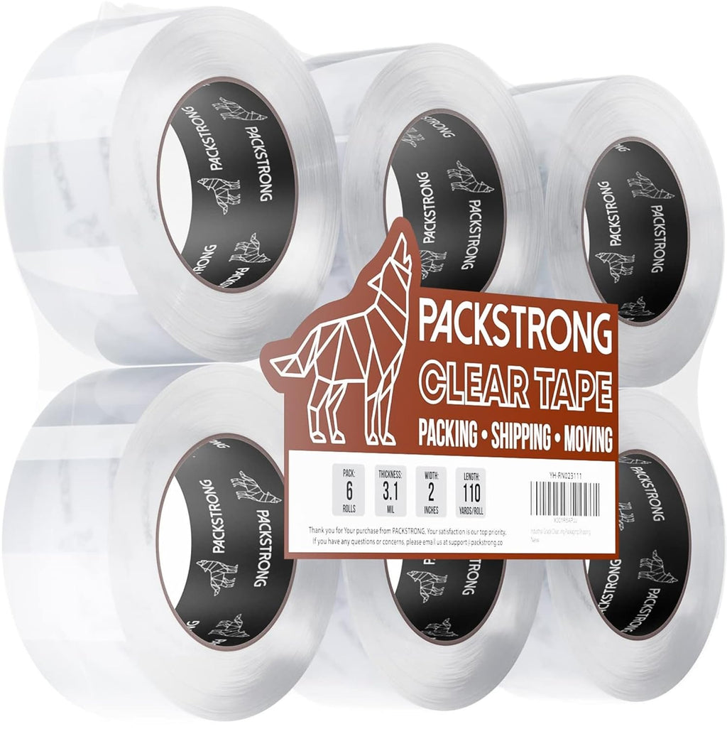 Packstrong Industrial Grade Clear Packing Tape 6 Rolls - Extra Strong - 110 Yards per Roll - 2" Wide x 3.1 mil Thick, Acrylic Adhesive Heavy Duty Tape for Box Office Moving Packaging Shipping