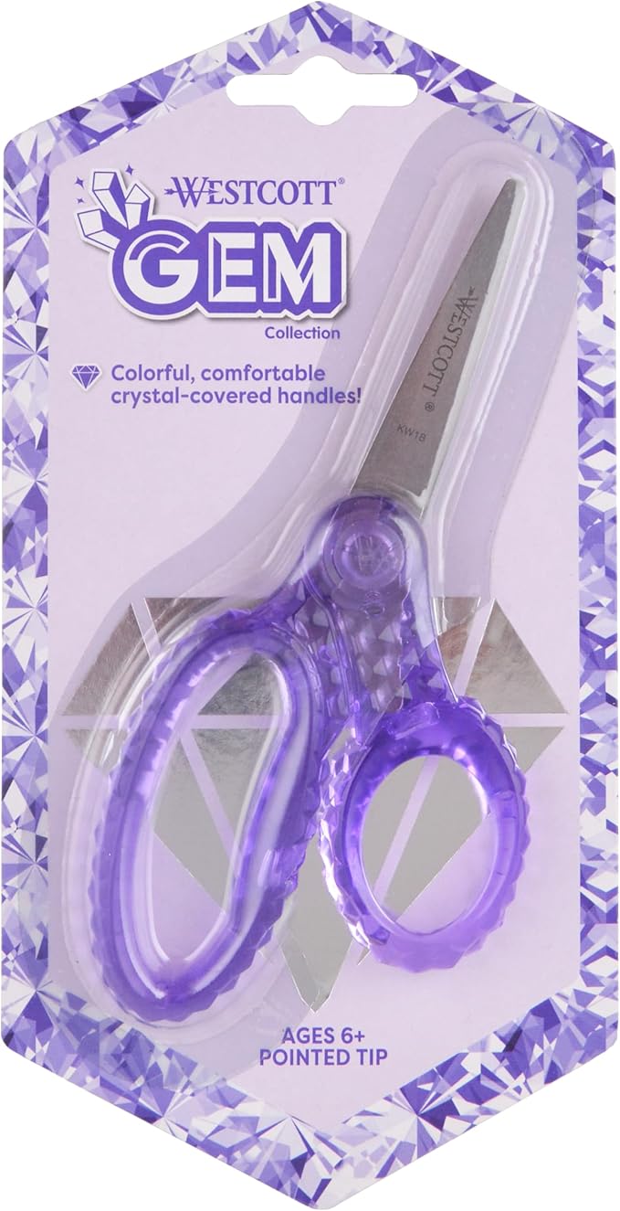 Westcott 5" GEM Crystal-Design Safety Scissors 12pk, Pointed-Tip for Kids Aged 6-8 - Scissors for School, Craft, Home, DIY, Classroom - Assorted Colors