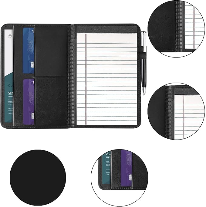Lcjtop Padfolio Binder A5 Document Organizer with Refillable Lined Notepad, Junior Size Folder Portfolio for Men Women,Black