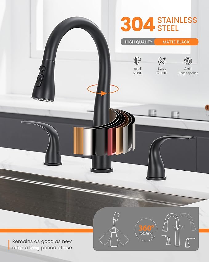 Black Kitchen Faucet 3 Hole with Pull Down Sprayer, 2-Handle High Arc Kitchen Sink Faucet with 3 Function Spray, Stainless Steel, T-3005B