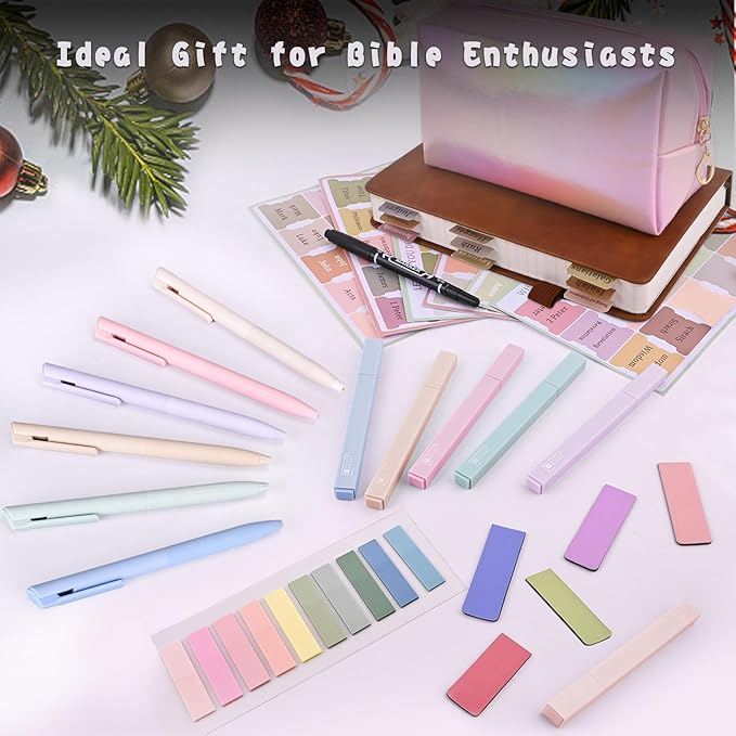 Bible Journaling Kit, Include 6 Bible Highlighters and 6 Pens No Bleed, 90 Laminated Bible Tabs, Magnetic Bookmarks, Sticky Notes, Bible Study Supplies Essentials Set for Women & Men