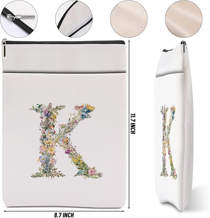 Monogrammed Book Sleeve Floral K Initial Book Pouch Book Accessories Book Lovers Gifts Waterproof Book Cover Book Protector Bookish Gifts Personalized Gifts for Women Girls Readers Bride Mama