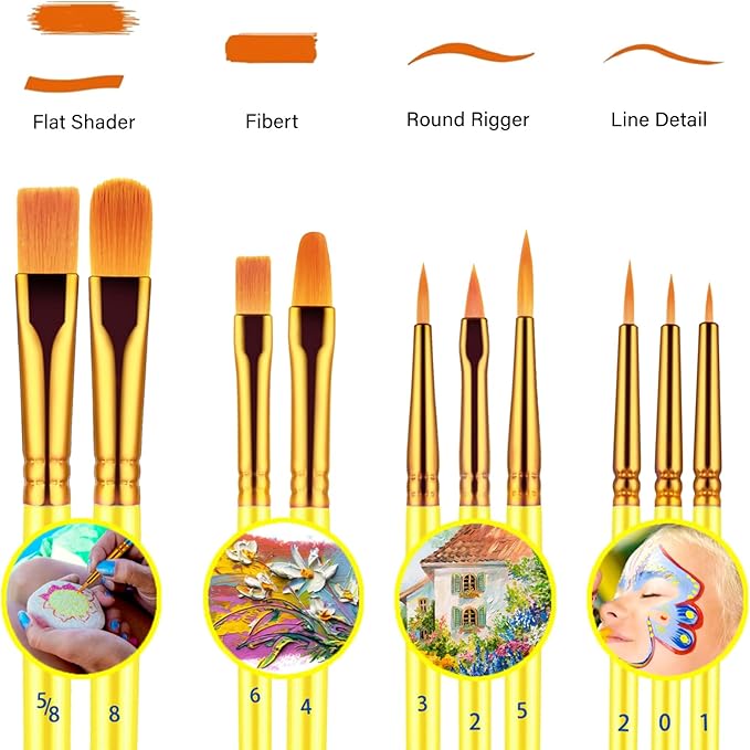 Paint Brushes Set, 20 Pcs Paint Brushes for Acrylic Painting, Oil Watercolor Acrylic Paint Brush, Artist Paintbrushes for Body Face Rock Canvas, Kids Adult Drawing Arts Crafts Supplies, Yellow