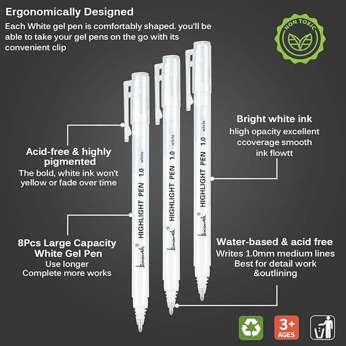 White Pens, White Gel Pens for Artists, 1mm Extra Fine Point, White Pens for Black Paper, White Gel Pen, White Ink Pen, White Drawing Pens,White Pen for Artists Drawing, 8 Pack