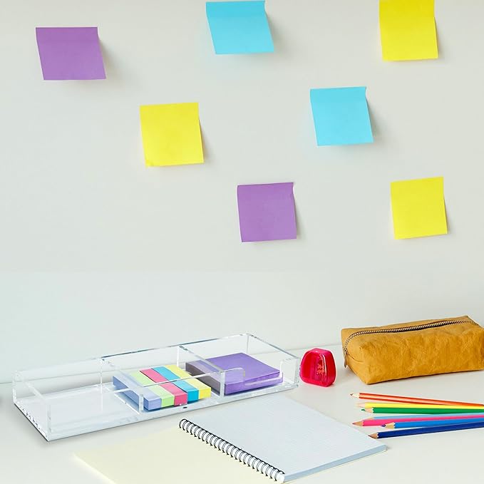 Clear Acrylic Sticky Note Holder, 3in1 Self-Stick Memo Pad Dispenser for Office Home School Post Bank Desk Supplies (DP007)