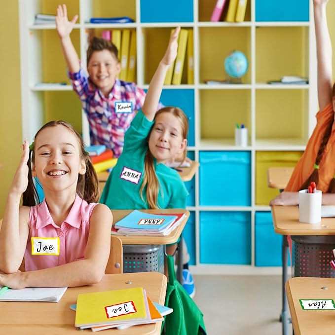 Removable Name Tags, 3 1/2" x 2 1/4", White with Colorful Border, 120 Waterproof Name Badges for Office,School,Classroom and Home