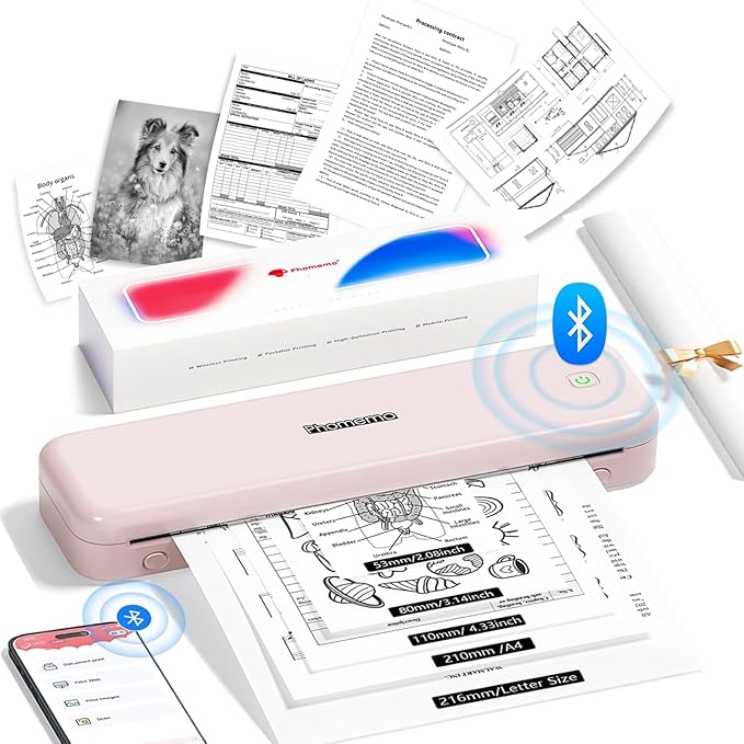 Phomemo M834 (Upgraded) Portable Printer, Wireless Bluetooth Thermal Printer, Support Multi-Size Thermal Paper, Compatible with iOS, Android & PC, Mobile Printer for Travel, Office, School, Pink