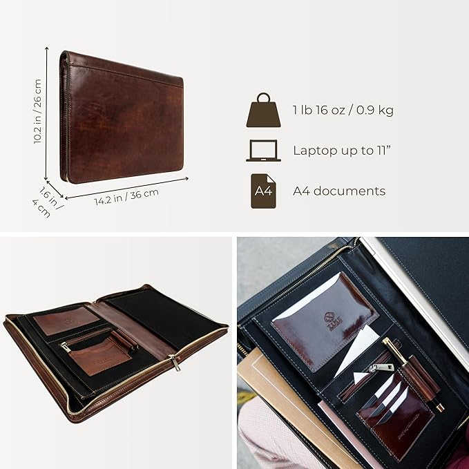 Time Resistance Leather Portfolio - A4 Document Folder - Padfolio - Italian Handcrafted Organizer Folio - Gift Box Included