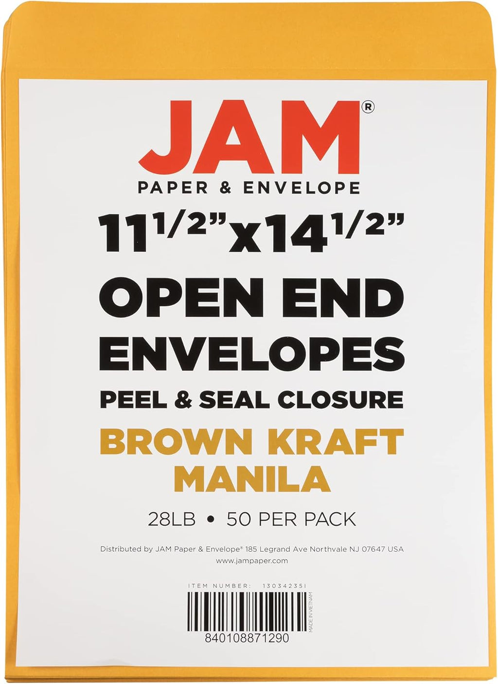 JAM PAPER 11 1/2 x 14 1/2 Open End Catalog Commercial Envelopes with Peel and Seal Closure - Brown Kraft Manila - 100/Pack