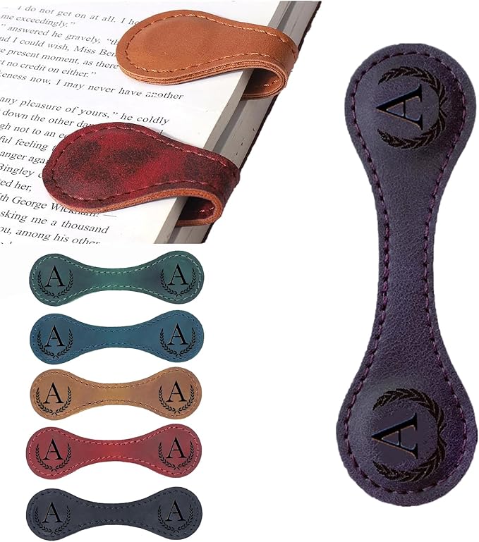 Personalized Magnetic Leather Bookmark, 26 Letters Custom Leather Bookmarks, Handmade, Leather Magnetic Bookmark for Book Lovers Readers Women Kid(Purple，A）