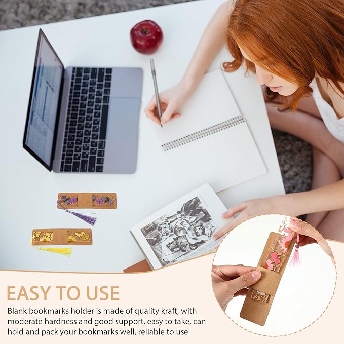 Fumete 50 Pieces Resin Bookmark Holder 5.9 x 1.8 Inches Kraft Sleeves DIY Bookmarks Display Cards for Wrapping Small Business Packaging Supplies Party Favor Gift (Brown, Cute)