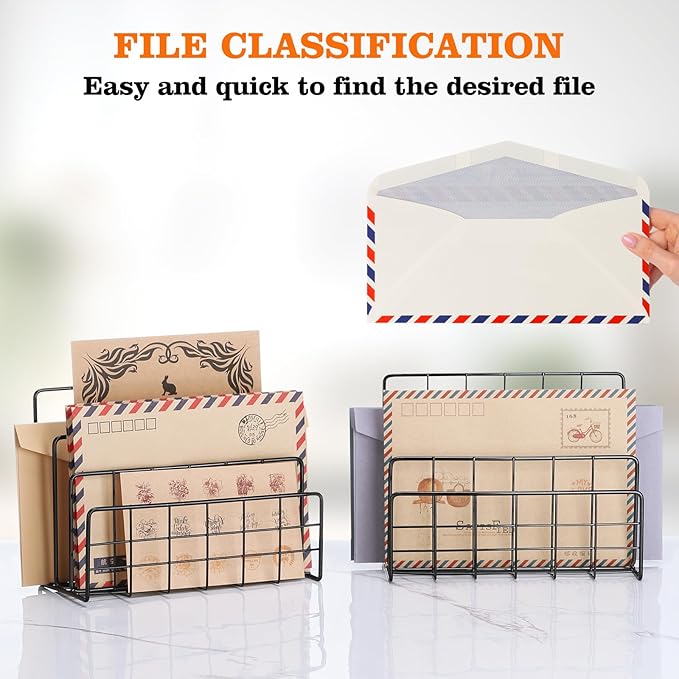 2 Pieces Desk Mail Organizer, Metal Mesh Small File Holders Letter Organizer, Bill/Document/Filing/Folders/Paper Organizer for Desktop (Metal-Black)