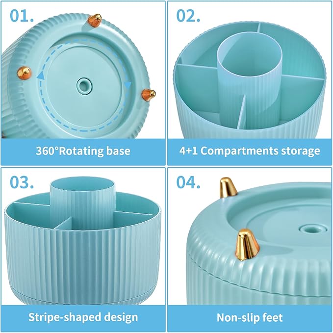 Marbrasse Desk Organizer, 360-Degree Rotating Pen Holder for Desk, Desk Organizers and Accessories with 5 Compartments Pencil Organizer, Art Supply Storage Box Caddy for Office, Home （Light Blue）