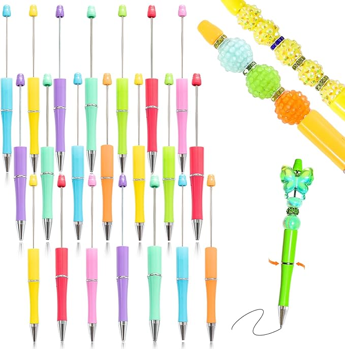 15 Pieces Beadable Pens - Beaded Pens Sweet Plastic Diy Black Ink Ballpoint Pens Bulk - Bead Pens Suitable For Teacher, Students, Office, School, Graduation Gift Supplies
