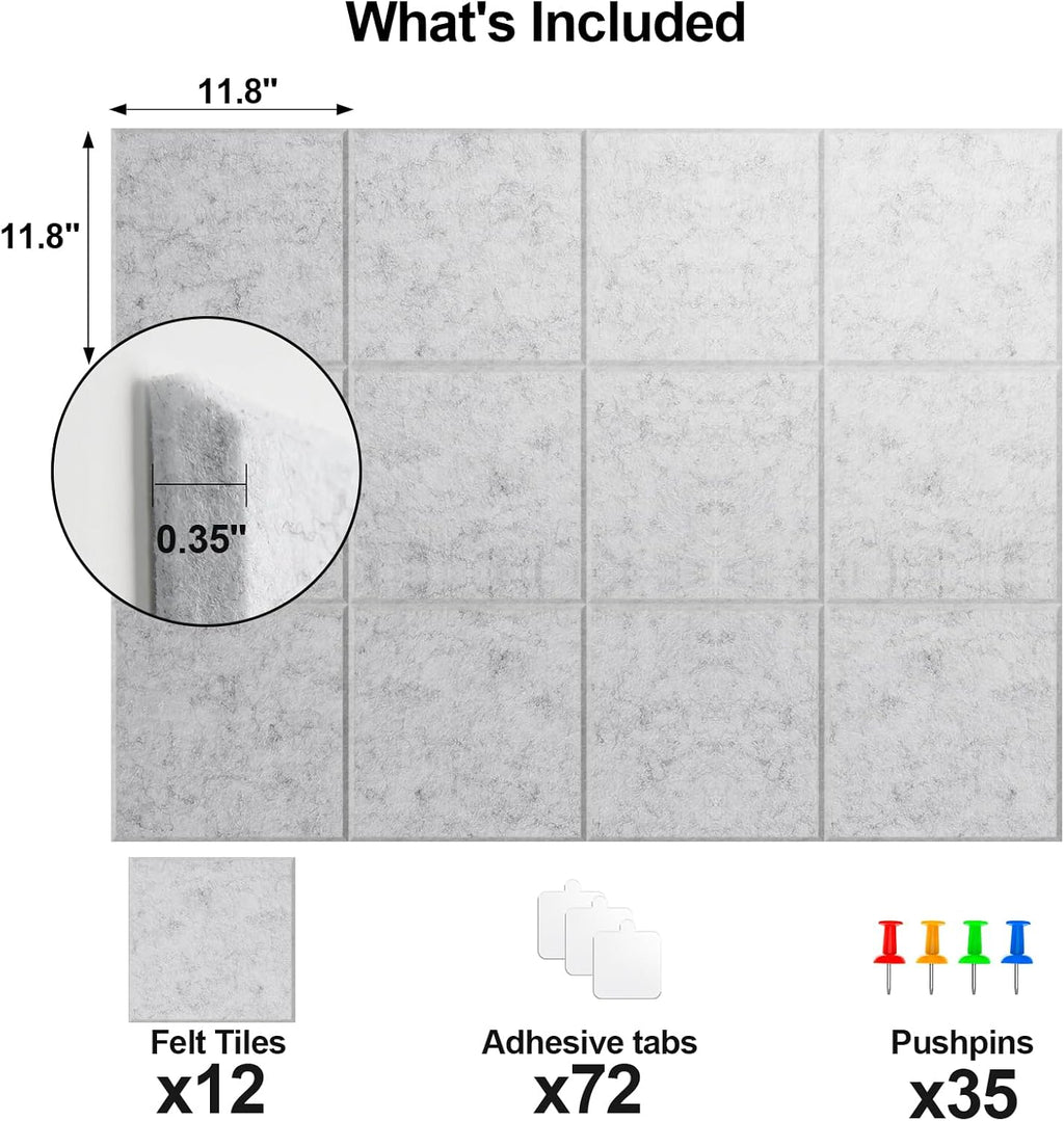 Large Cork Board for Walls 47" x 35" 12 Pack Black Bulletin Boards Felt Wall Tiles with Safe Removable Adhesive Corkboards for Office Home,Grey