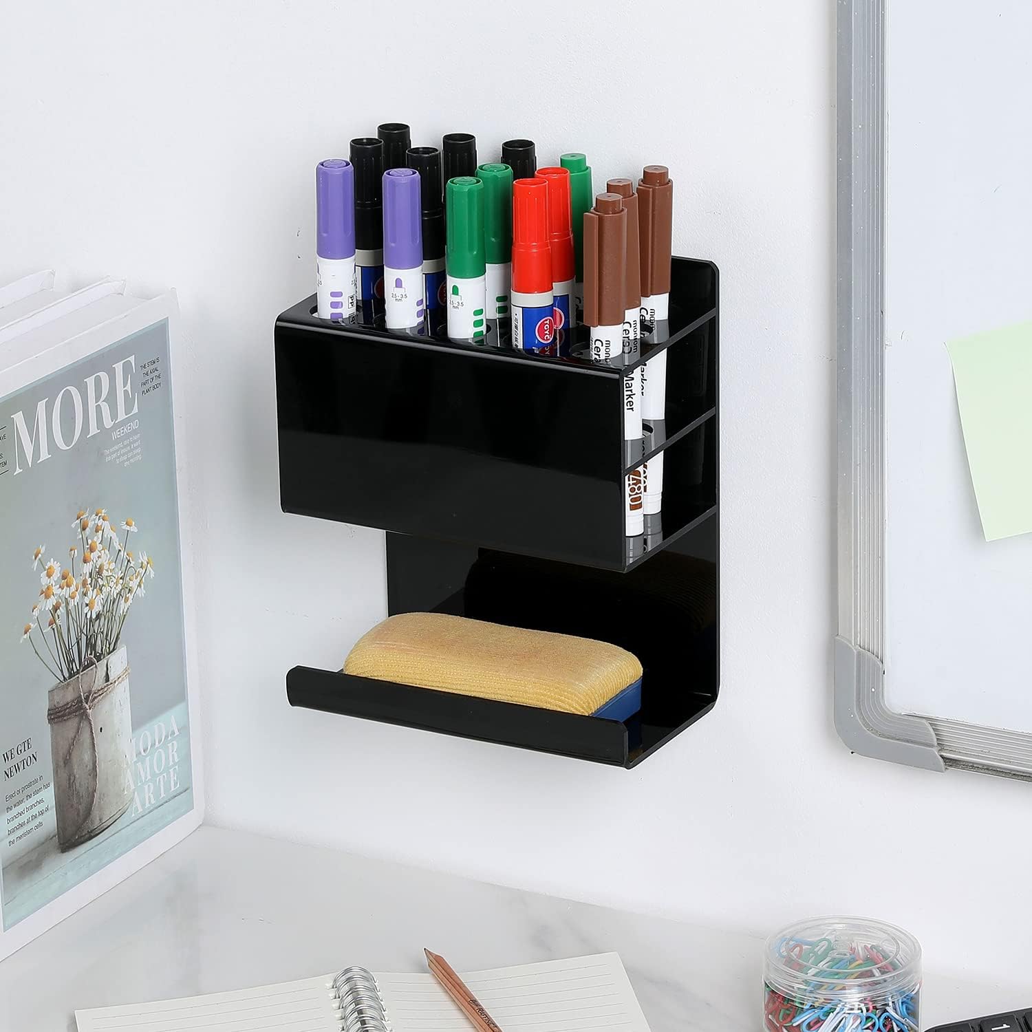 MyGift Wall Mounted Black Premium Acrylic Dry Erase Marker and Eraser Holder Rack with 15 Round Slots and Storage Ledge, Meeting Room Classroom Dorm Office or Home Whiteboard Accessory Rack