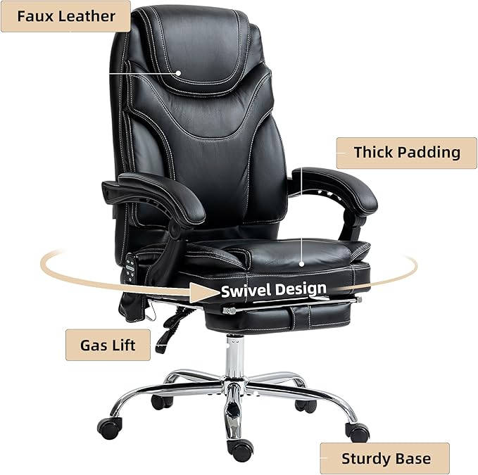 Vinsetto PU Leather Vibration Massage Office Chair with 6 Points, Heated Reclining Computer Chair with Adjustable Height, Footrest - Black